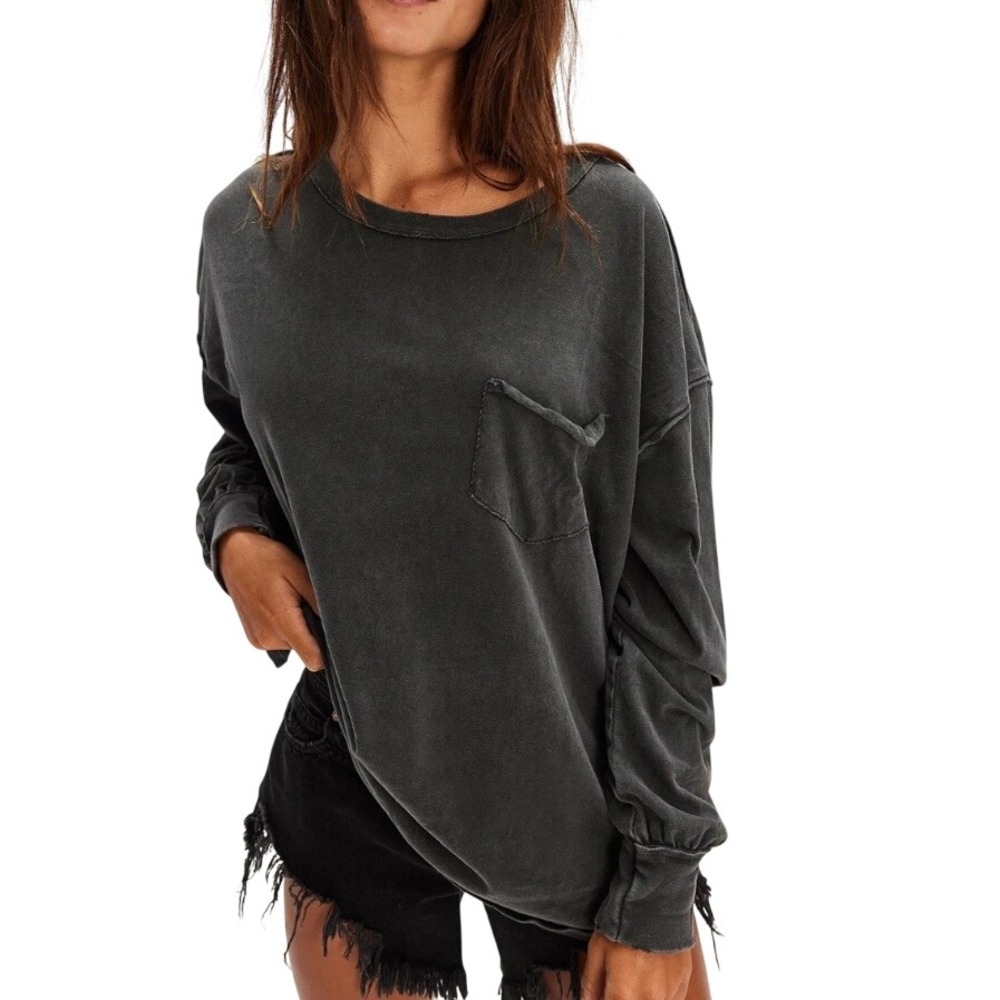 We The Free Free People Fade Into You Metal Stiletto Oversized Long Sleeve Tee L
